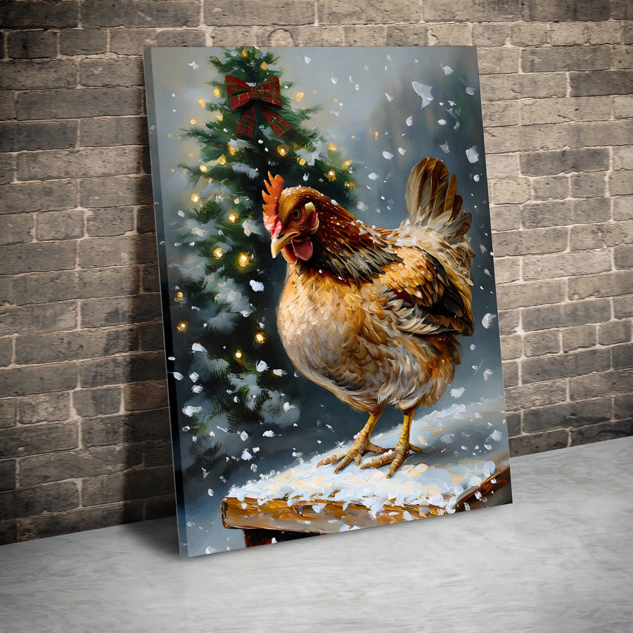 Christmas Chicken Canvas Art | Snowy Winter Farmhouse Wall Decor | Gallery Quality 1.25 Inch Wrap | Holiday Animal Lover Gift