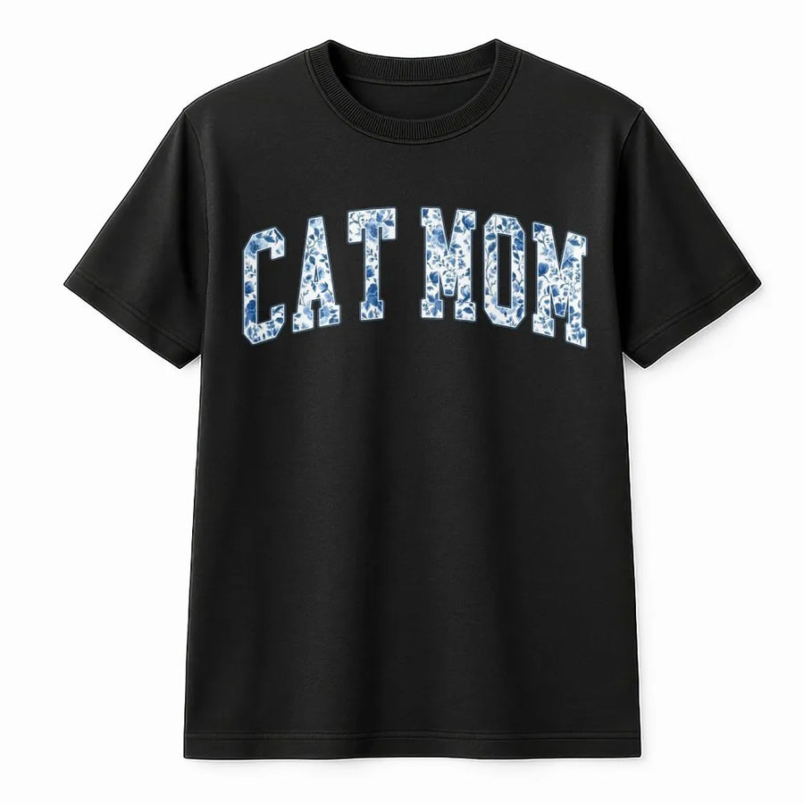 Cat Mom T-Shirt | Floral Varsity Lettering Design | 100% Premium Cotton | Cute Gift for Cat Lovers and Pet Moms