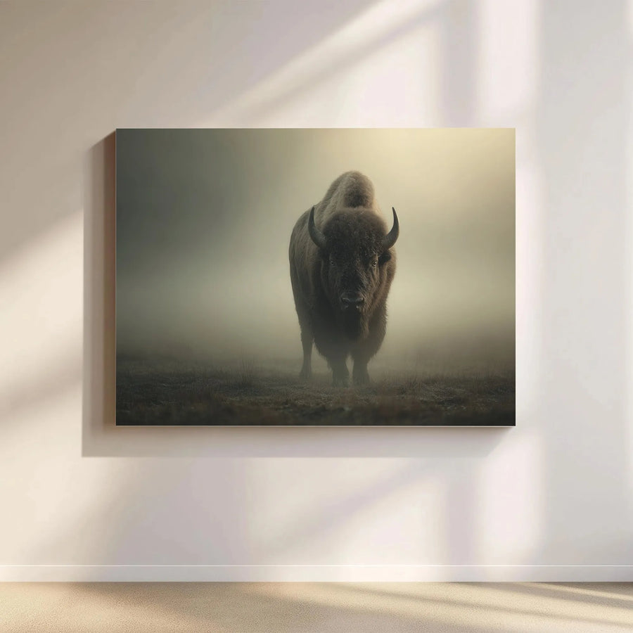 Bison Canvas Wall Art | Moody Wildlife Photography Print in Fog | Premium Fade-Resistant Canvas | Rustic Cabin & Farmhouse Decor Gift for Men