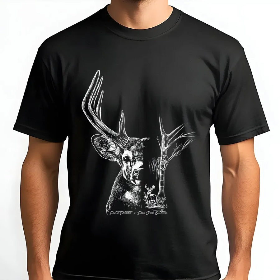 Deer Hunting T-Shirt | Double Exposure Buck Sketch Graphic | 100% Cotton Premium Tee | Nature Lover Wildlife Hunter Gift