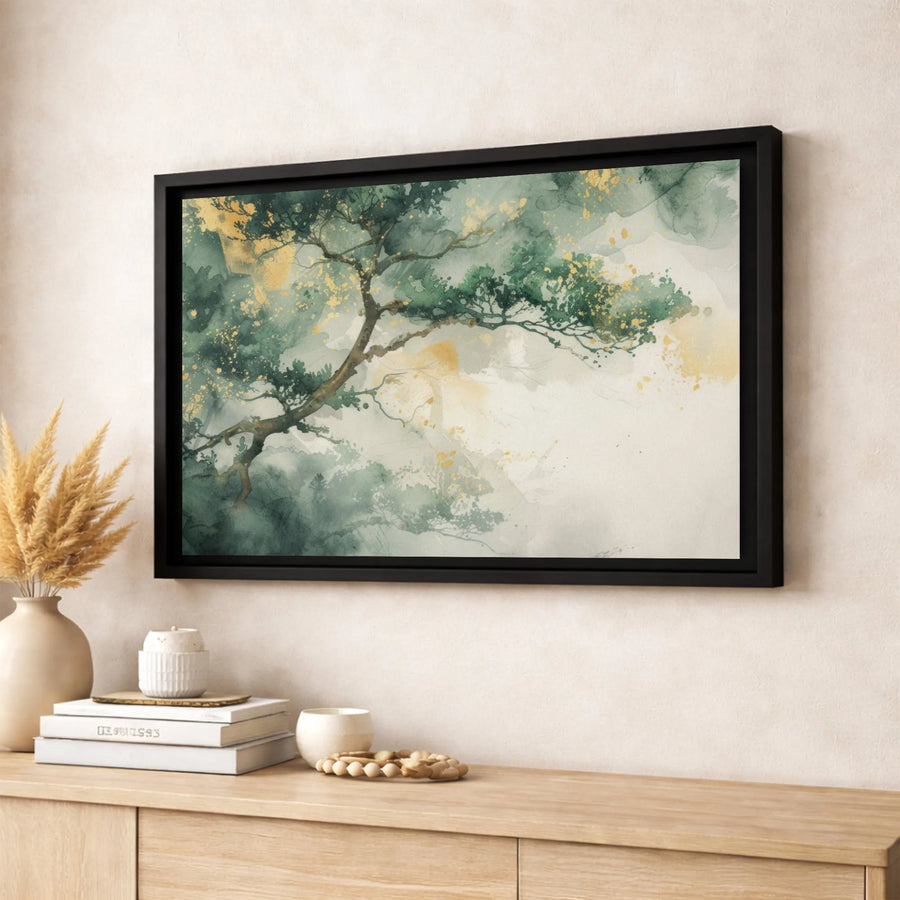 Japanese Tree Canvas Print | Abstract Green and Gold Watercolor Wall Art | 1.25-Inch Premium Gallery Wrap | Modern Nature Decor for Home Office