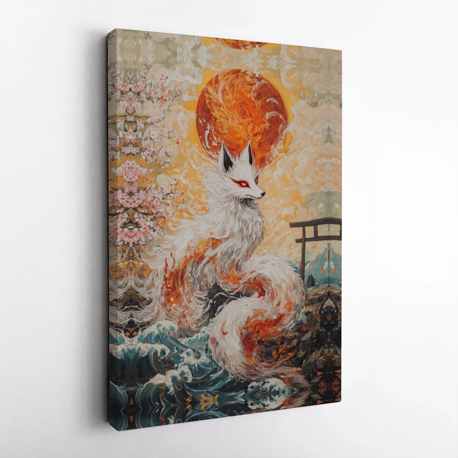 Japanese Kitsune Canvas Wall Art | Mythical Fox With Fiery Sun And Torii Gate | Premium Gallery Wrap Print | Zen Home Office Decor Gift
