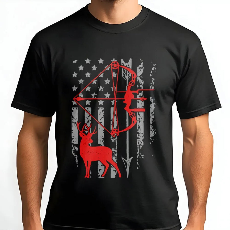 Bow Hunting T-Shirt | Patriotic Deer American Flag Graphic | Premium Soft Cotton Tee | Gift for Hunters and Outdoorsmen