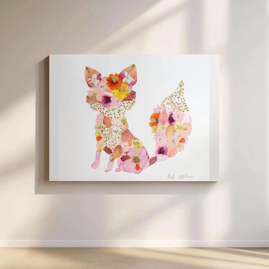 Pressed Flower Fox Canvas Art | Botanical Animal Silhouette Print | Premium Gallery Wrapped Wall Decor | Unique Gift for Nature Lover