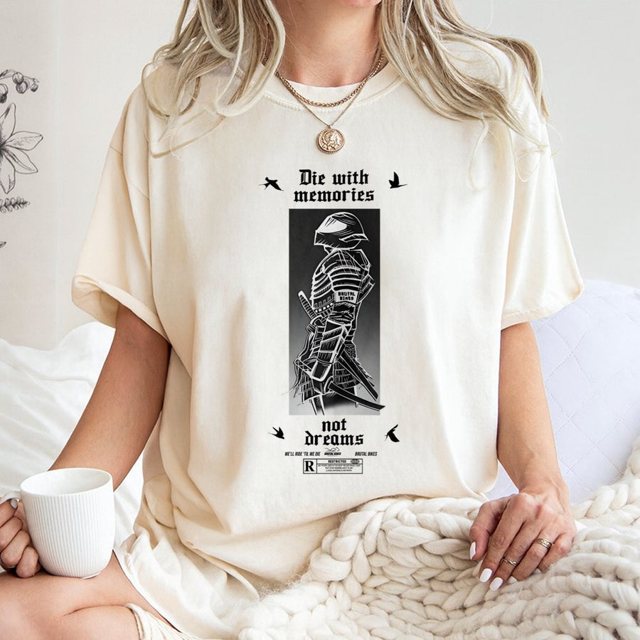 Samurai Warrior Graphic T-Shirt | Die With Memories Not Dreams Quote | 100% Cotton Premium Streetwear | Motivational Japanese Art Gift for Men