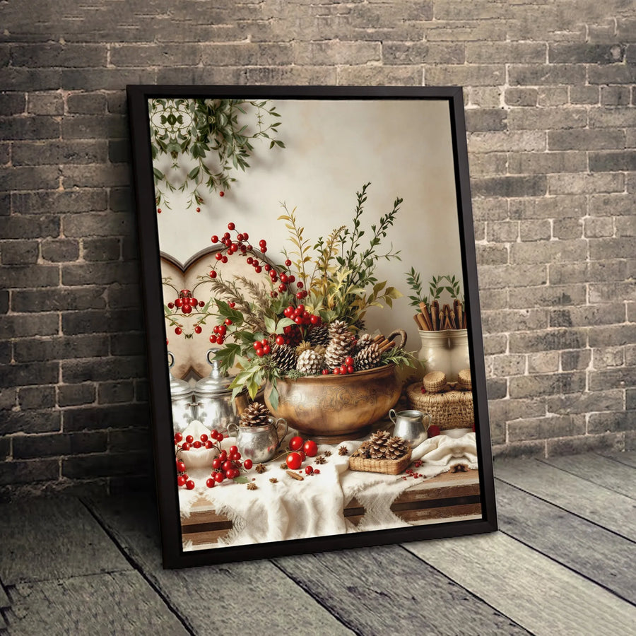 Christmas Still Life Canvas Print | Festive Pine Cones, Berries & Cinnamon Decor | 1.25" Gallery Profile | Seasonal Holiday Home Wall Art