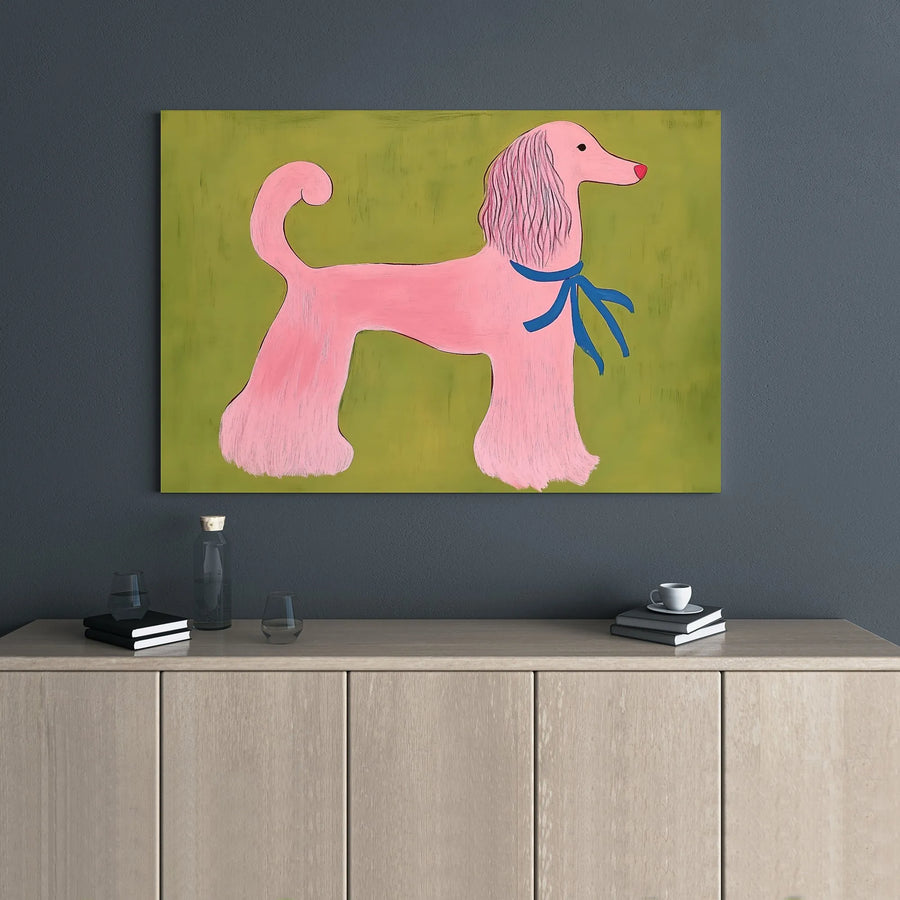 Pink Poodle Wall Art Canvas | Whimsical Dog Portrait with Blue Ribbon | Premium Gallery Wrap Decor | Gift for Dog Lovers & Pet Owners