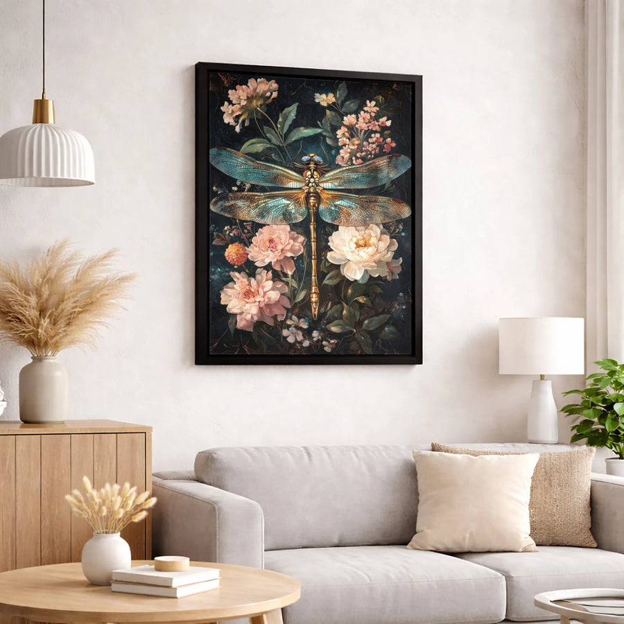 Gilded Dragonfly Canvas Wall Art | Dark Botanical Peony Print | Premium Gallery-Wrapped Decor | Nature-Inspired Home Gift
