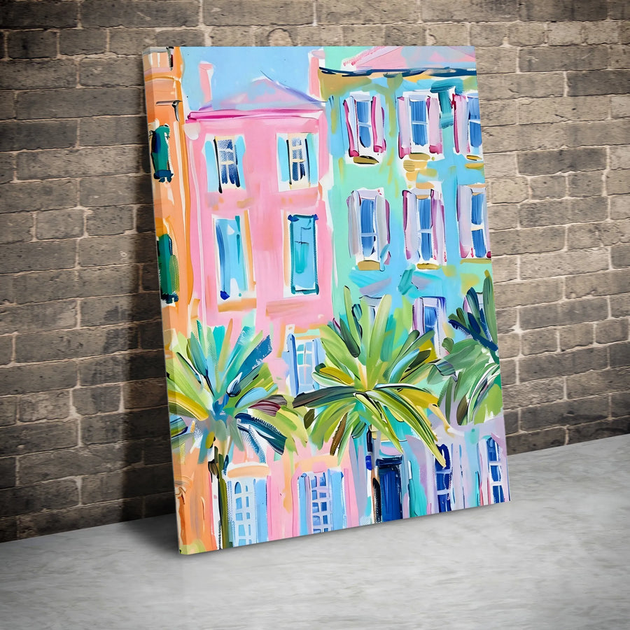 Rainbow Row Charleston Canvas Print | Vibrant Abstract Cityscape Painting | Premium Gallery Wrapped Wall Art | Southern Home Decor Gift for Her