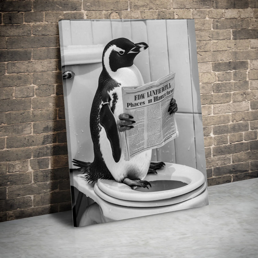 Penguin Reading Newspaper on Toilet Canvas | Funny Bathroom Wall Art | Premium Gallery Wrapped Print | Quirky Home Decor Gift