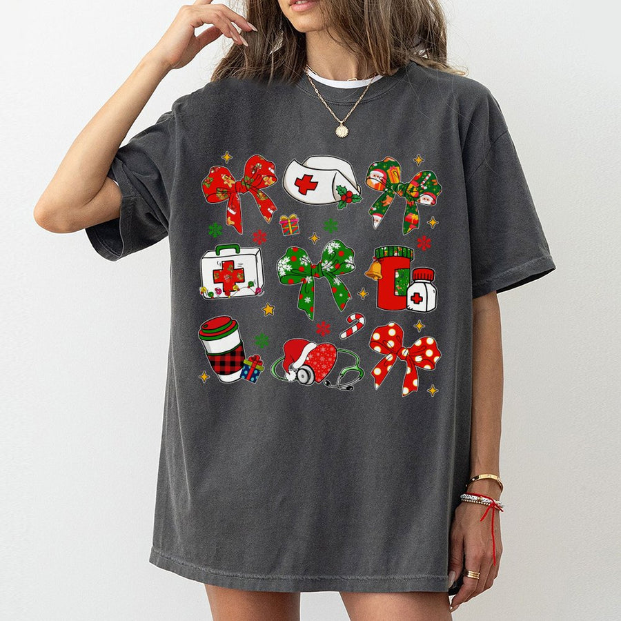 Nurse Christmas T-Shirt | Coquette Aesthetic Holiday Medical Design | 100% Cotton Premium Tee | Cute RN Nursing Student Gift
