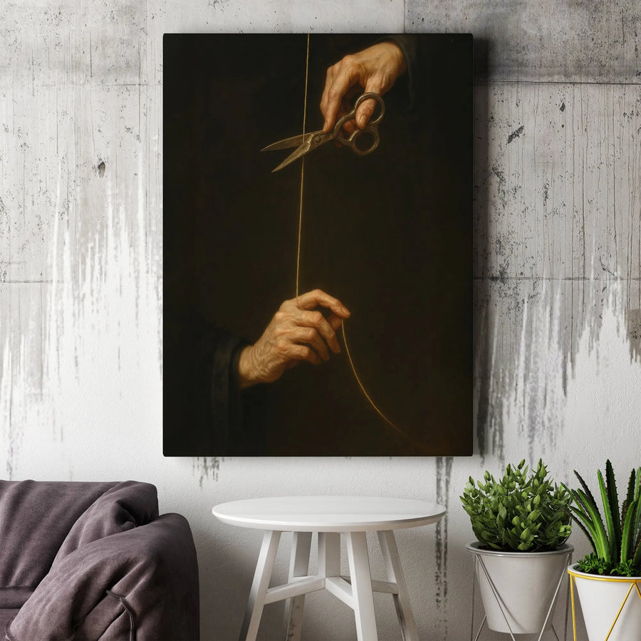 Atropos Cutting Thread of Life Canvas | Dark Academia Mythological Wall Art | Premium Frameless Print | Symbolic Home Decor Gift