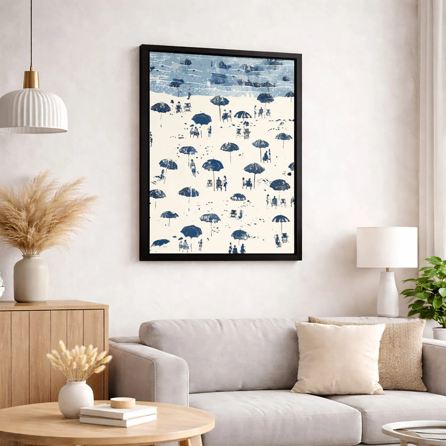 Coastal Beach Umbrella Wall Art | Blue and White Ocean Decor | 1.25 Inch Gallery Wrapped Canvas | Summer Vacation Home Office Gift