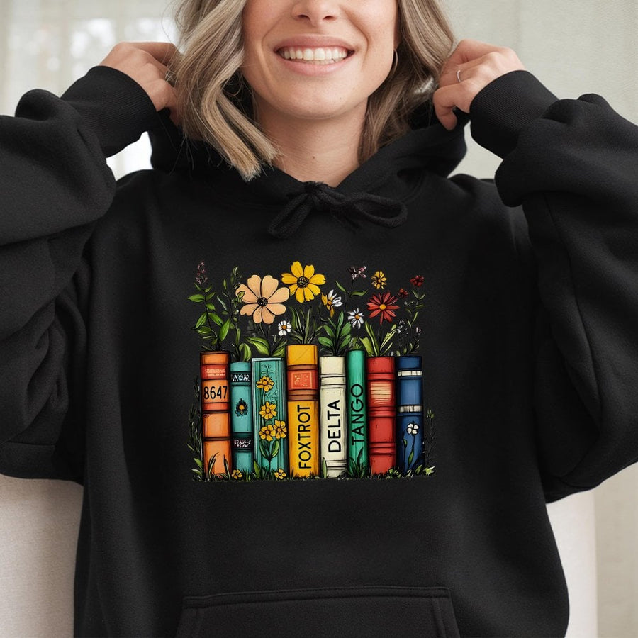 8647 Book Lover Hoodie | Floral Library Aesthetic Design | Premium Cotton Blend | Feminist Democrat Gift for Reader Women