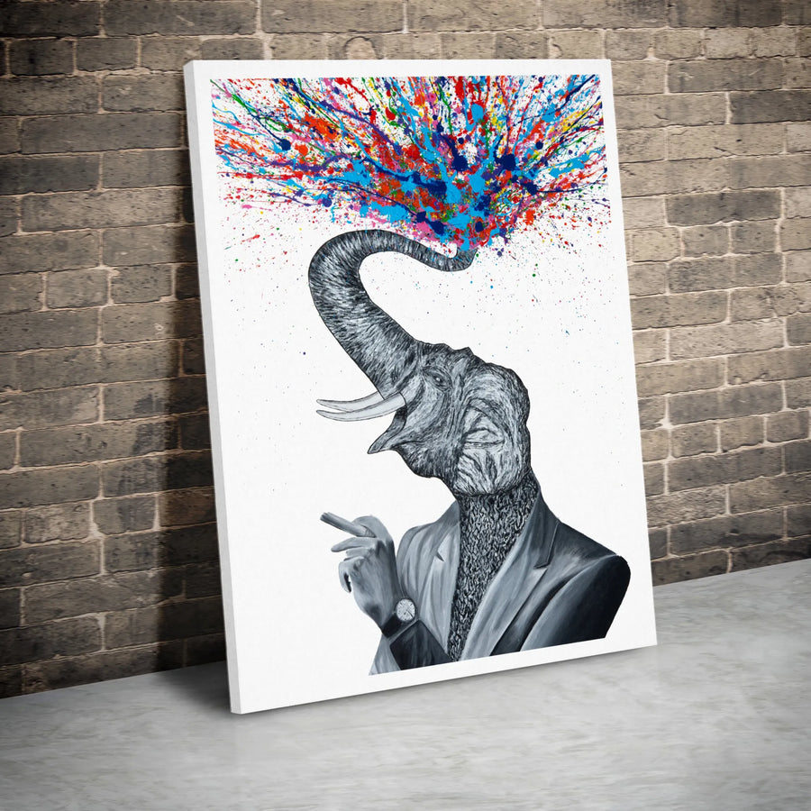 Elephant In Suit Canvas Print | Abstract Paint Splash Pop Art | Premium Gallery Wrapped Wall Decor | Unique Office & Home Gift