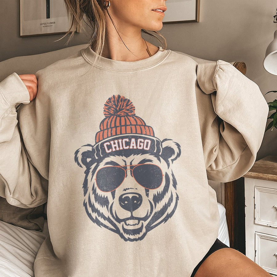 Chicago Bear Wearing Sunglasses And A Beanie Sweatshirt