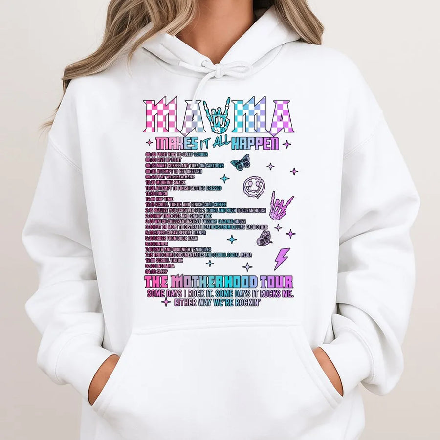 Mama The Motherhood Tour Hoodie | Funny Rocker Mom Graphic Sweatshirt | Premium Cotton Blend | Relatable Gift For New Moms & Tired Parents