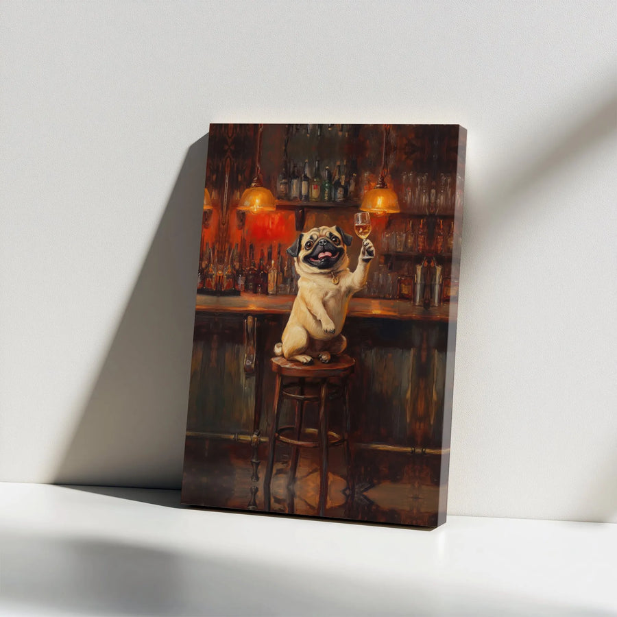 Funny Pug Bar Canvas Wall Art | Vintage Dog Painting | Gallery Quality Print | Unique Home Bar Decor & Gift for Dog Lovers