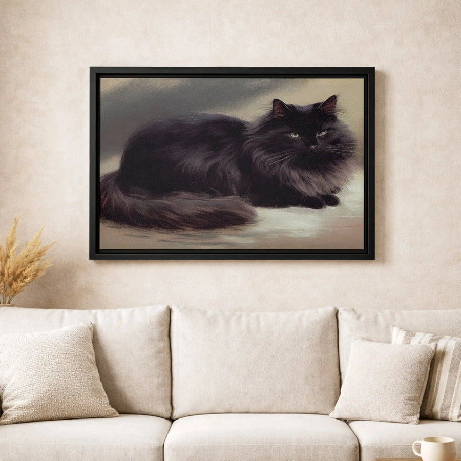 Black Cat Canvas Wall Art | Moody Fluffy Feline Oil Painting Style | Premium Gallery Wrap 1.25" Profile | Elegant Animal Portrait Gift for Cat Lovers