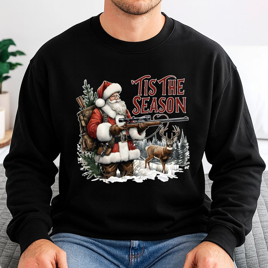 Tis The Season Sweatshirt | Santa Deer Hunting Graphic | Cotton-Poly Premium Blend | Funny Christmas Gift For Hunters And Outdoor Lovers