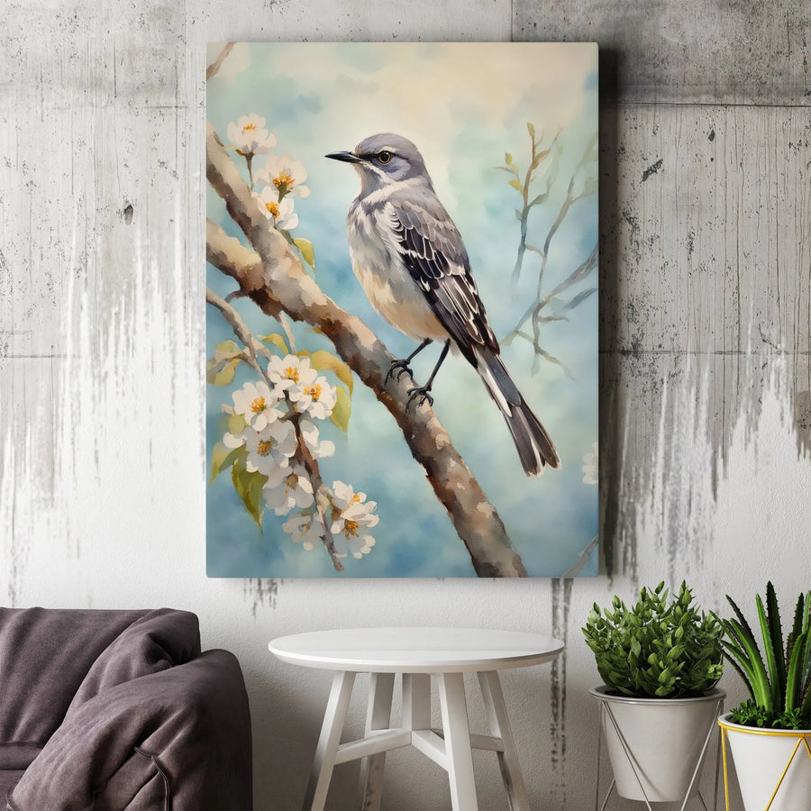 Watercolor Bird Canvas Print | Mockingbird on Flowering Branch Art | Premium Thick Gallery Wrap | Nature Lover Gift & Wall Decor