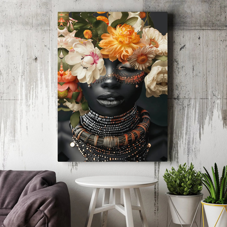 African Woman Portrait Canvas | Floral Headdress and Beaded Jewelry Wall Art | Premium Gallery Wrap Print | Elegant Cultural Home Decor Gift