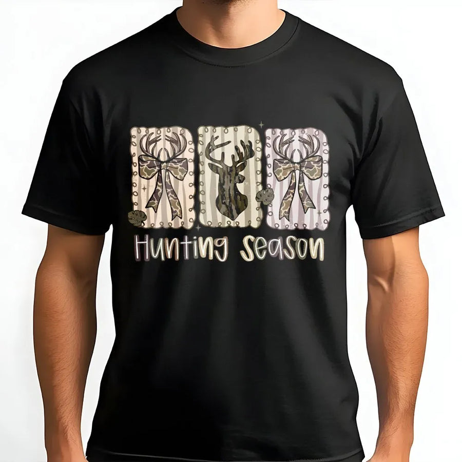 Hunting Season T-Shirt | Camo Deer Antler and Bow Graphic | Premium 100% Cotton | Country Girl Fall Gift for Outdoors Lovers