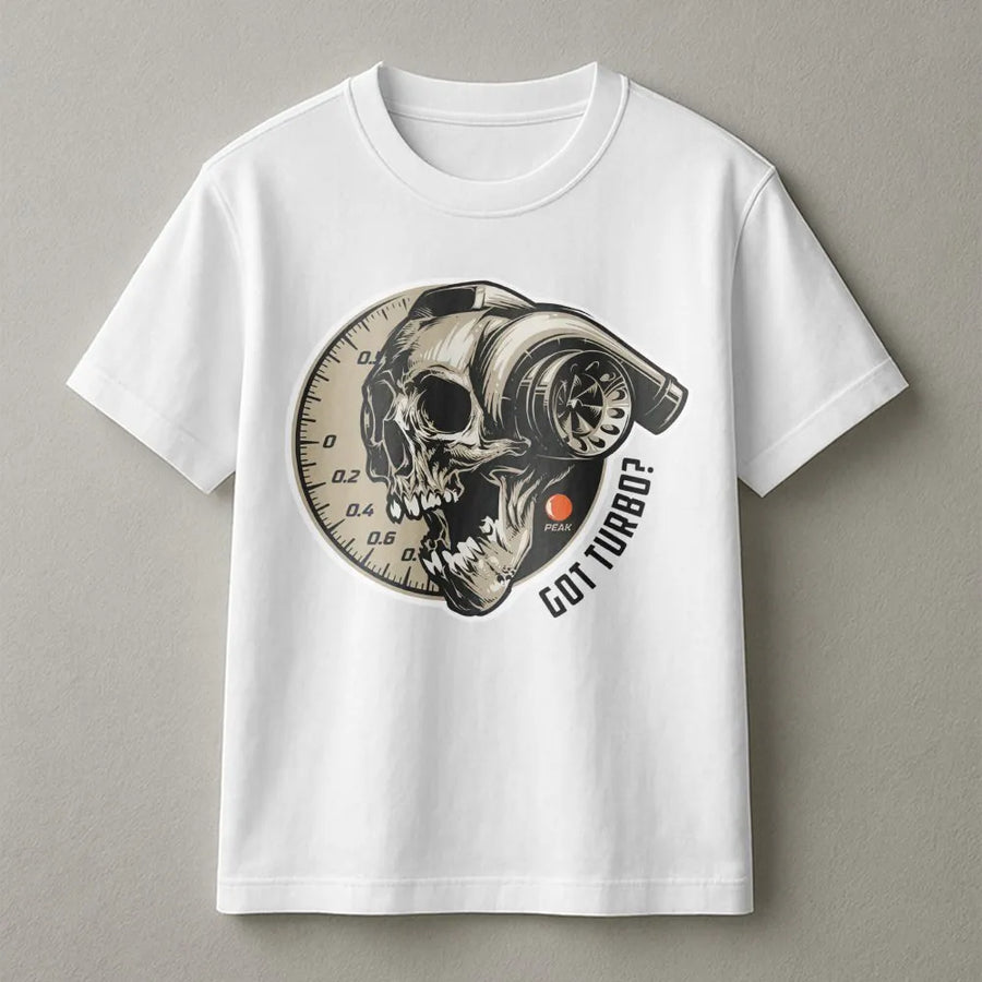 Turbocharger Skull T-Shirt | Boost Gauge Racing Graphic | Premium Cotton Streetwear | Gift For Car Enthusiast And Gearhead