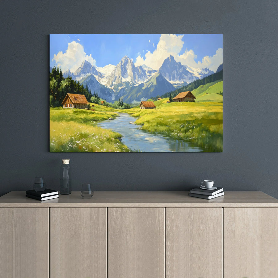 Alpine Mountain Landscape Canvas Wall Art | Serene River Valley with Rustic Cabins | 1.25" Premium Gallery Wrap | Nature-Inspired Home Decor