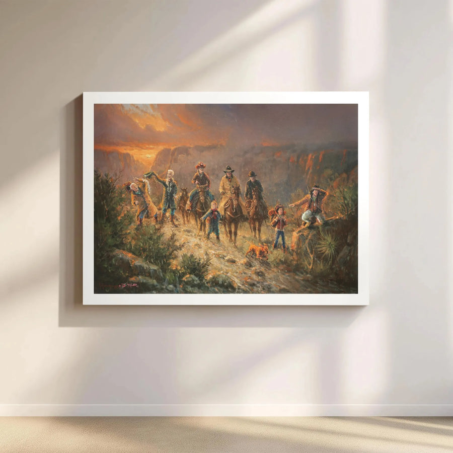 Western Canvas Wall Art | Pioneer Family Cowboy Journey Painting | Premium Gallery Wrap Print | Rustic Home Decor Gift for History Lovers