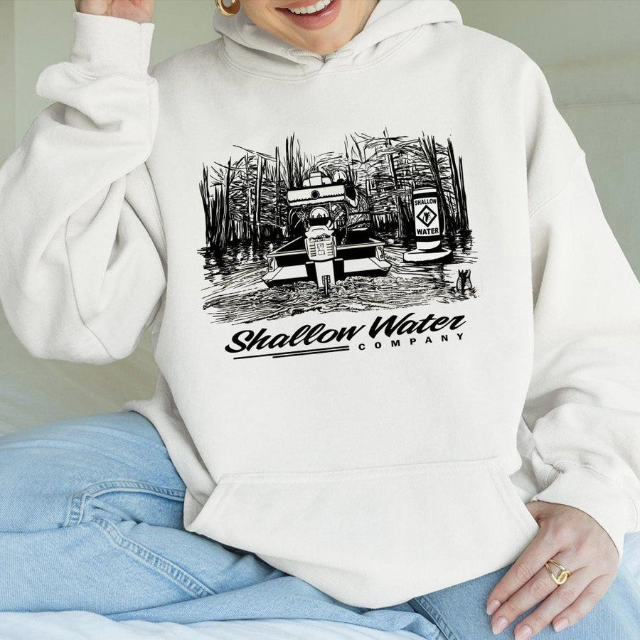 Shallow Water Company Hoodie | Swamp Boat Fishing Graphic | Premium Cotton Blend | Gift for Boating Enthusiasts & Anglers