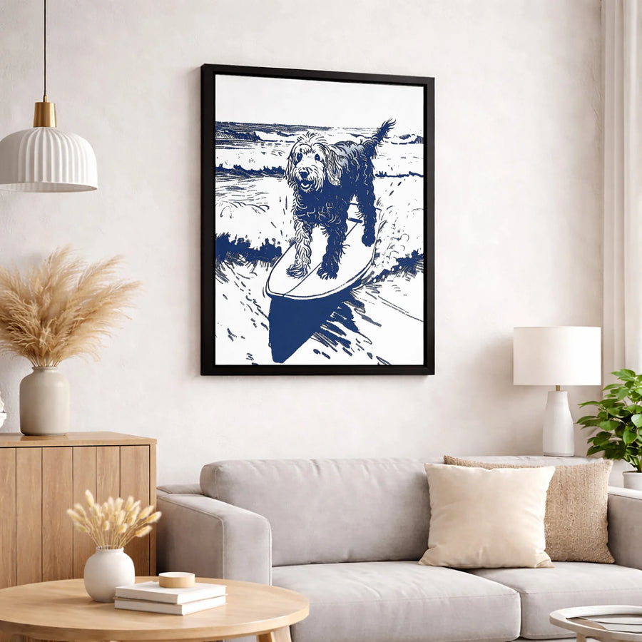 Surfing Goldendoodle Wall Art | Navy Blue Sketch Illustration | Premium Gallery Wrapped Canvas | Coastal Decor Gift for Dog Lovers