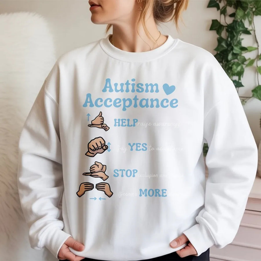Autism Acceptance Sweatshirt | ASL Hand Signs Communication Chart | Premium Cotton Tee | Gift for SPED Teacher & Neurodiversity Advocate