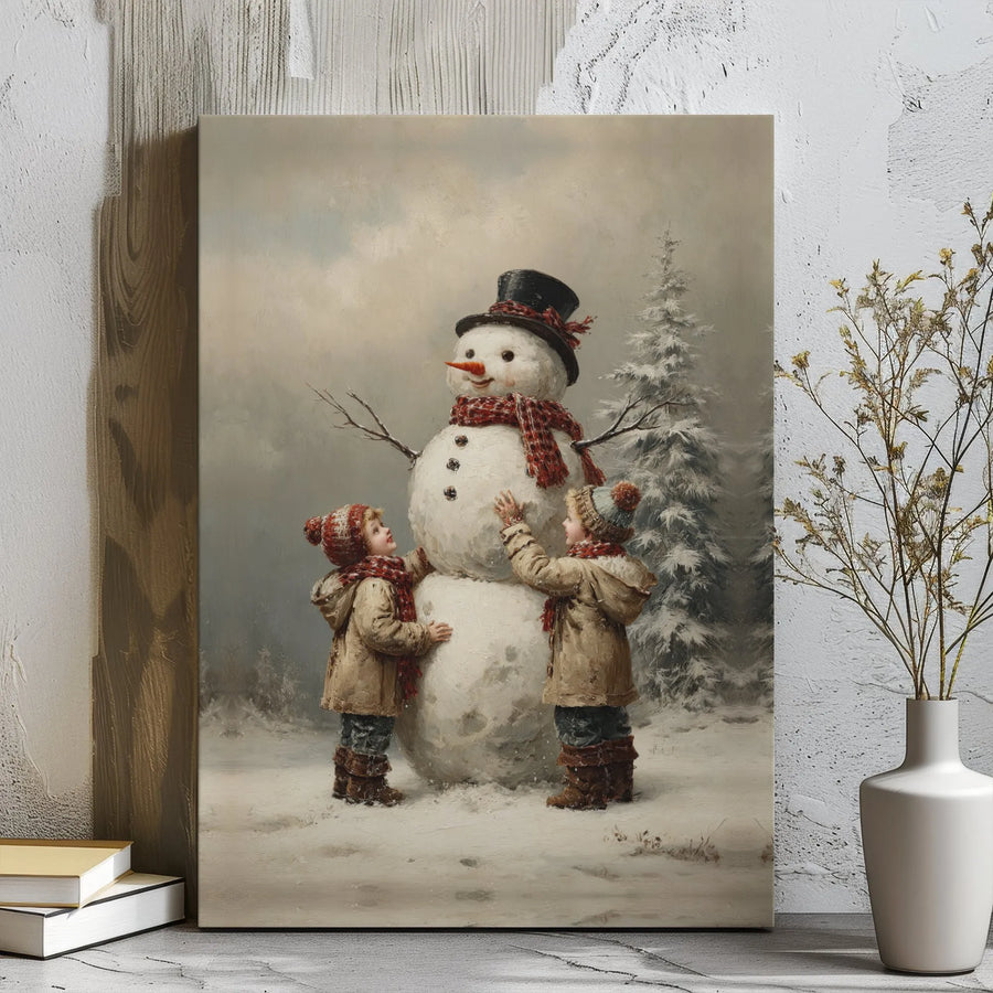 Vintage Christmas Canvas Print | Children Building Snowman Wall Art | 1.25 Inch Gallery Wrap | Holiday Home Decor Gift