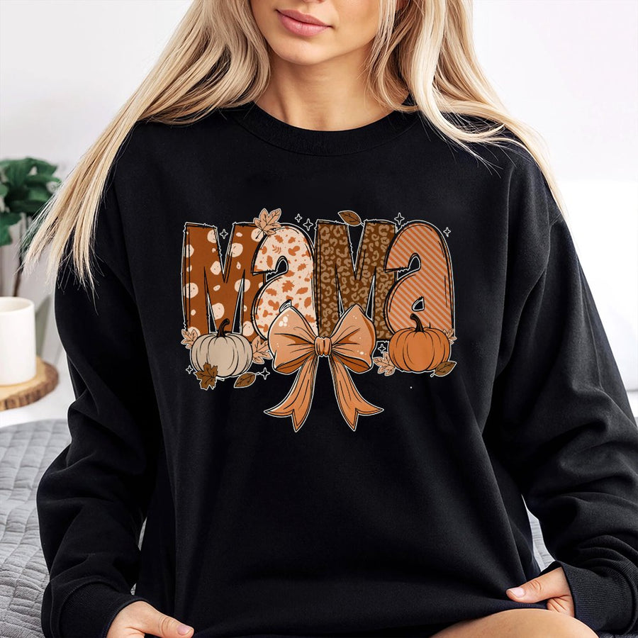 Mama Fall Sweatshirt | Coquette Bow Pumpkin Graphic | Premium Cotton Blend | Autumn Aesthetic Gift for Moms