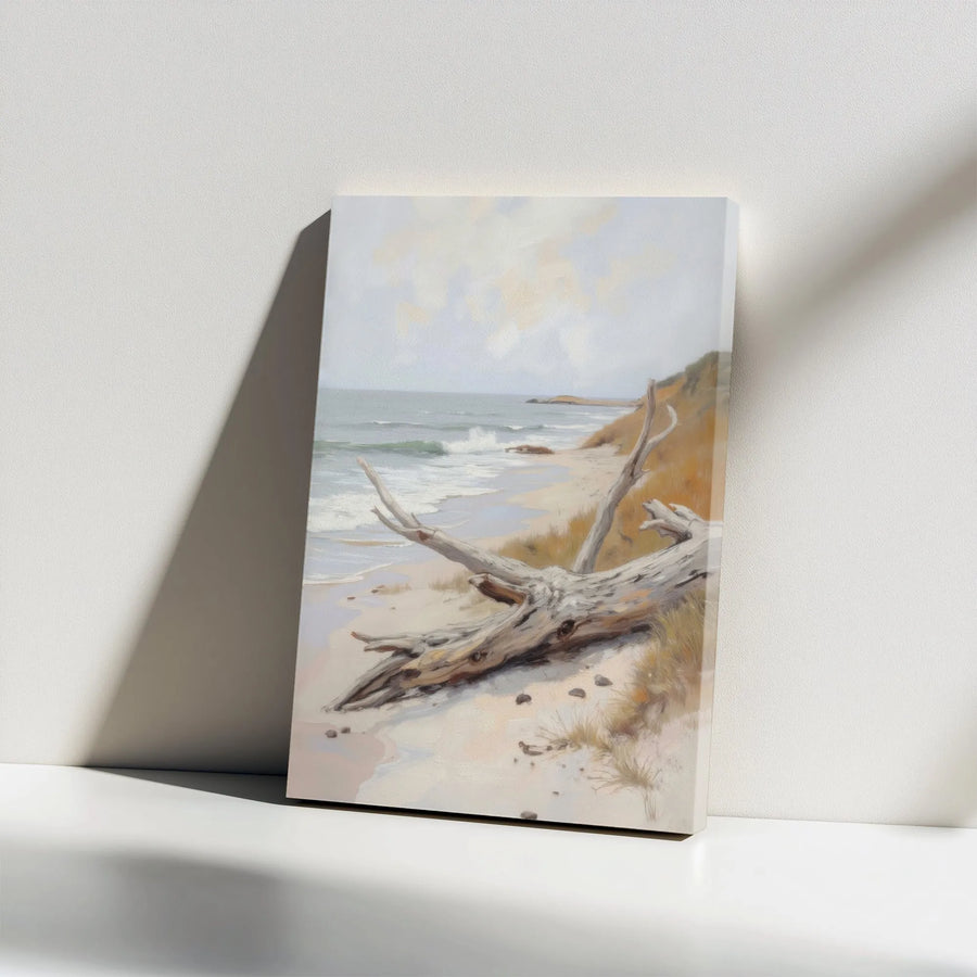 Coastal Beach Canvas Wall Art | Realistic Driftwood Seascape Painting | Premium Thick Canvas Print | Nautical Home Decor Gift