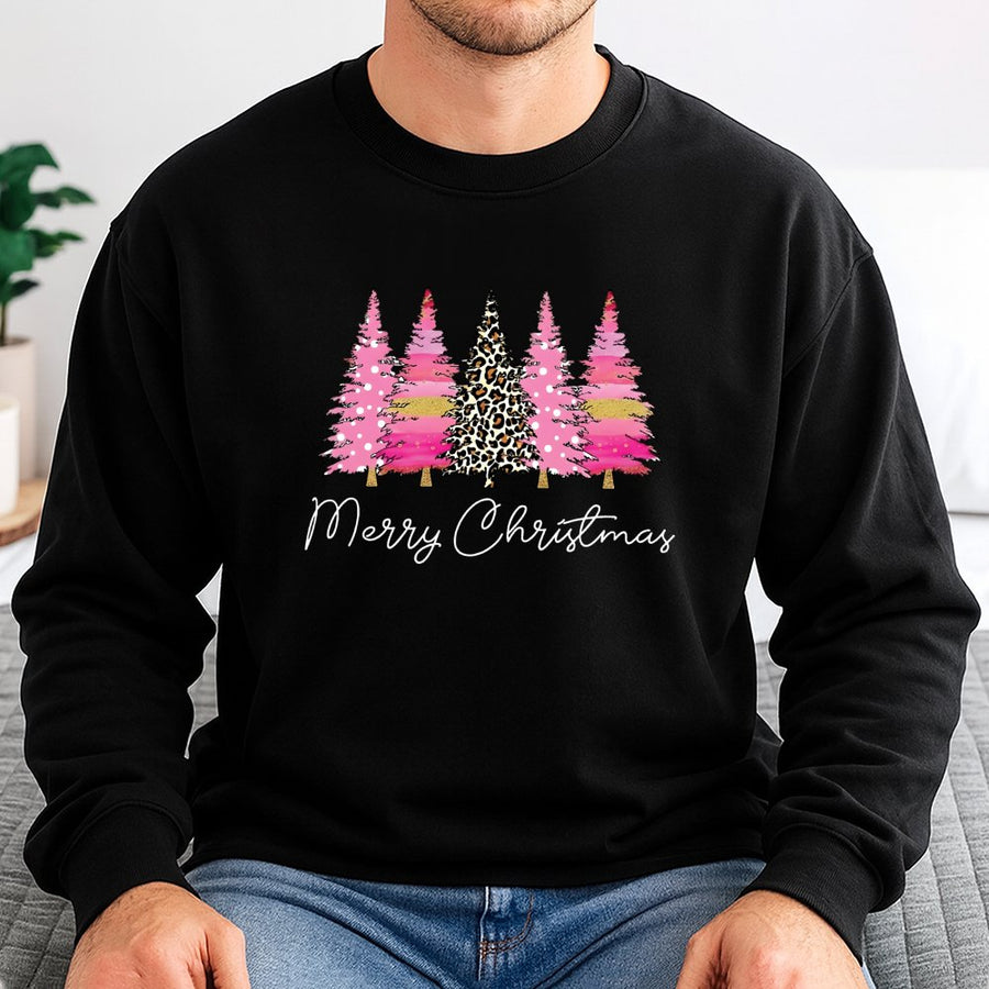 Merry Christmas Sweatshirt | Pink Leopard Print Tree Graphic | Premium Cotton Blend Crewneck | Holiday Gift For Women And Families