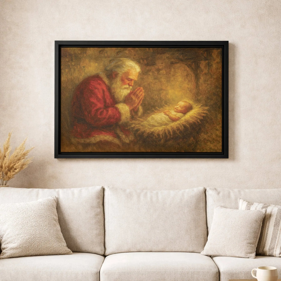 Kneeling Santa Praying Over Baby Jesus Canvas | Religious Christmas Wall Art | Premium Gallery Wrapped Print | Holiday Home Decor Gift