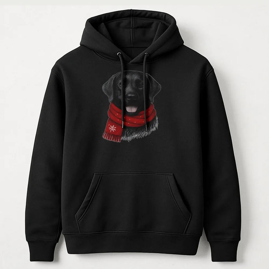 Black Labrador Hoodie | Cute Christmas Dog With Red Scarf Design | Premium Cotton Blend | Holiday Gift For Dog Lovers And Pet Owners