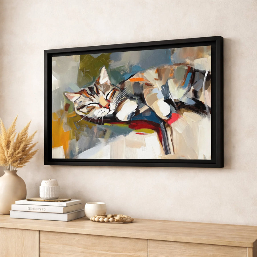Sleeping Tabby Cat Wall Art | Colorful Abstract Brushstroke Print | 1.25-Inch Gallery-Wrap Canvas | Modern Animal Lover Gift Home Decor