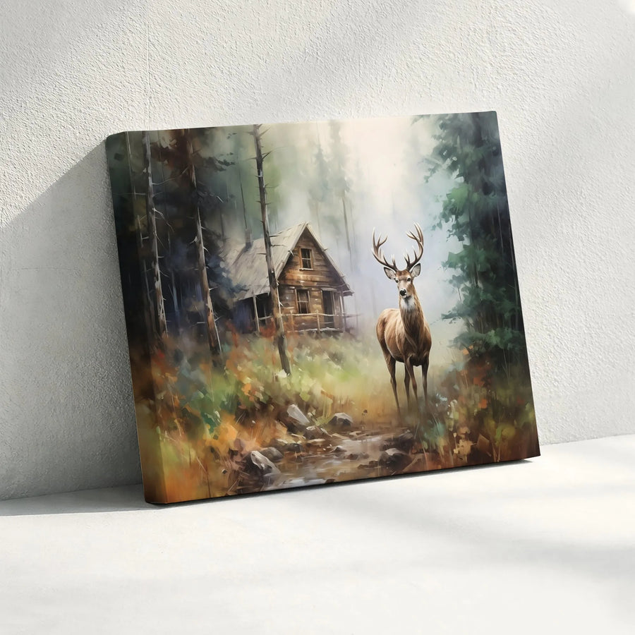 Stag in Misty Forest Canvas Wall Art | Rustic Log Cabin Landscape | Premium Gallery-Wrapped Print | Wildlife Nature Decor for Cabin Home