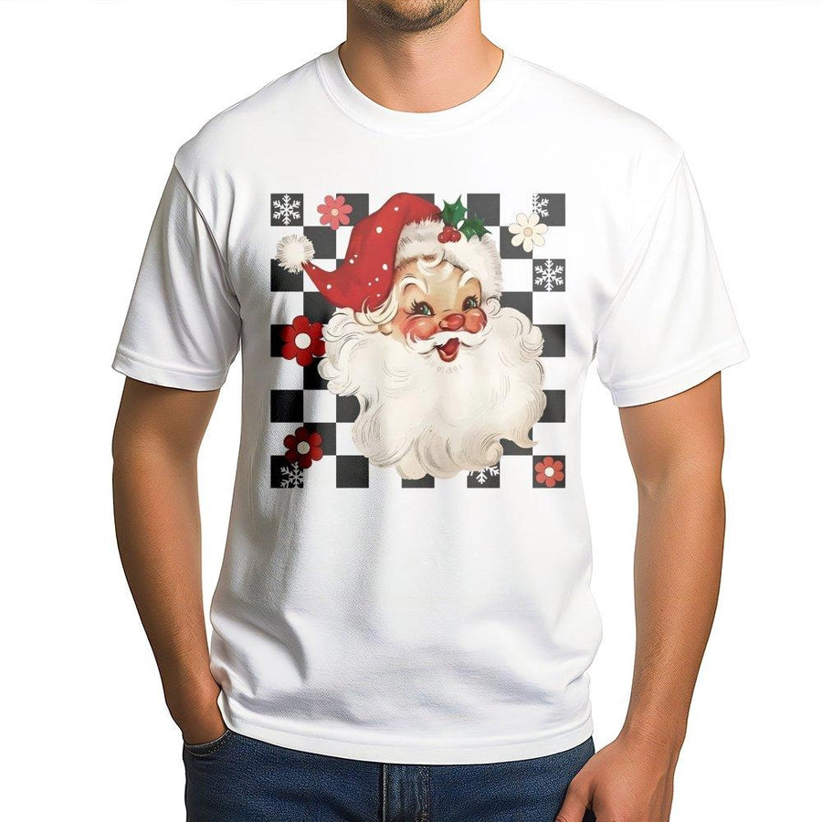 Retro Santa T-Shirt | Vintage Christmas Checkered Print | Soft 100% Cotton Premium Tee | Festive Holiday Gift for Women and Men