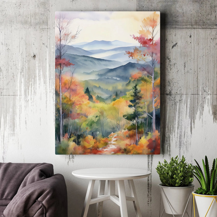 Autumn Mountain Landscape Canvas Wall Art | Watercolor Forest Painting | Premium Fade-Resistant Print | Nature Inspired Home Decor Gift