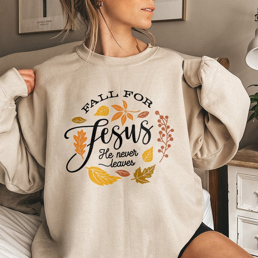 Fall For Jesus Sweatshirt | He Never Leaves Faith Design | Premium Cotton Blend Crewneck | Christian Autumn Apparel Gift for Women