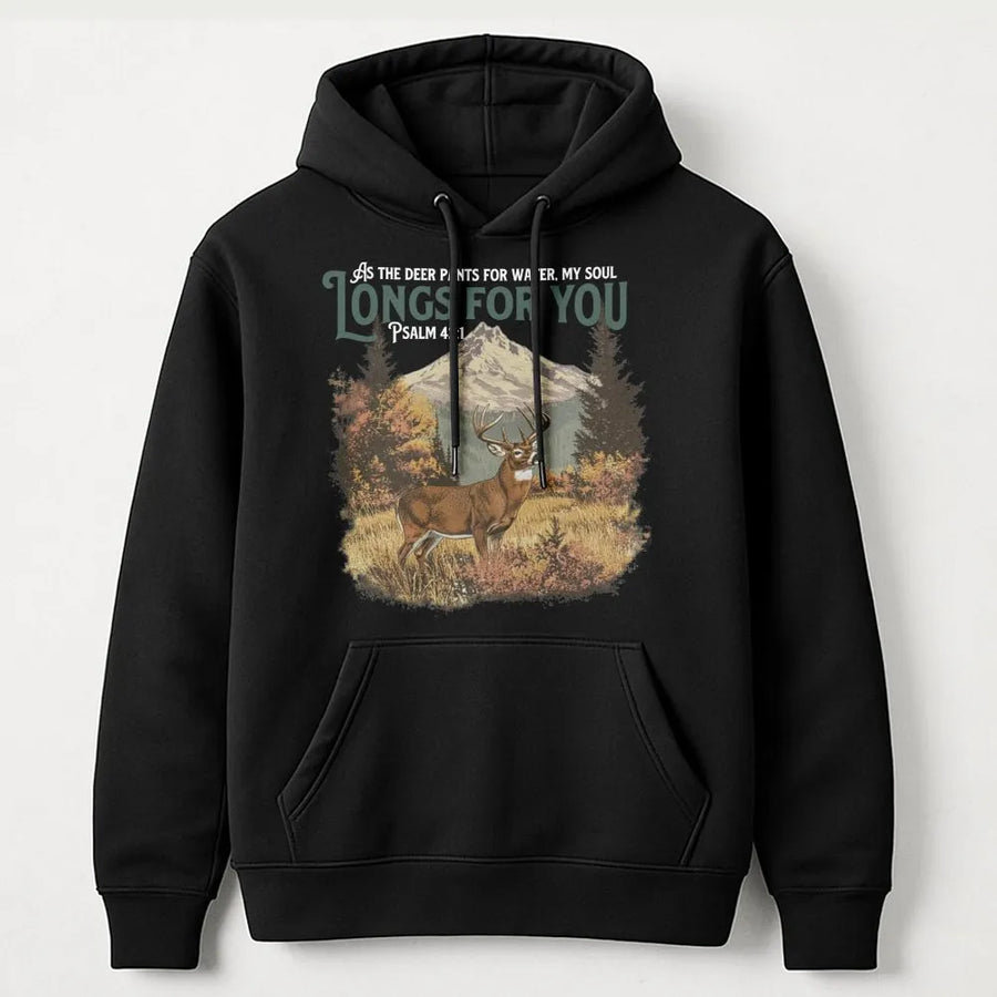 Psalm 42:1 Deer Hoodie | As The Deer Pants For Water Scripture Graphic | Premium Cotton Blend | Christian Gift For Hunters Men Women