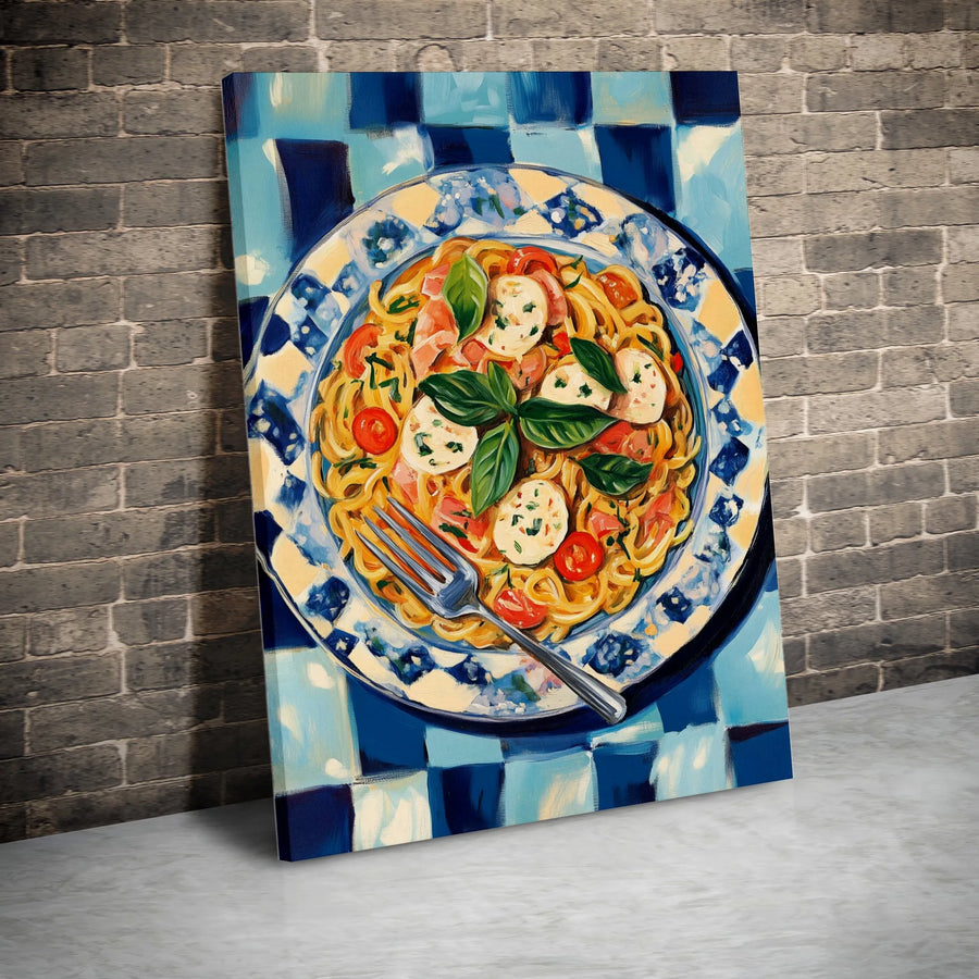 Italian Pasta Canvas Wall Art | Spaghetti Mozzarella Basil Painting | Premium Gallery Wrap Print | Kitchen Decor For Foodies