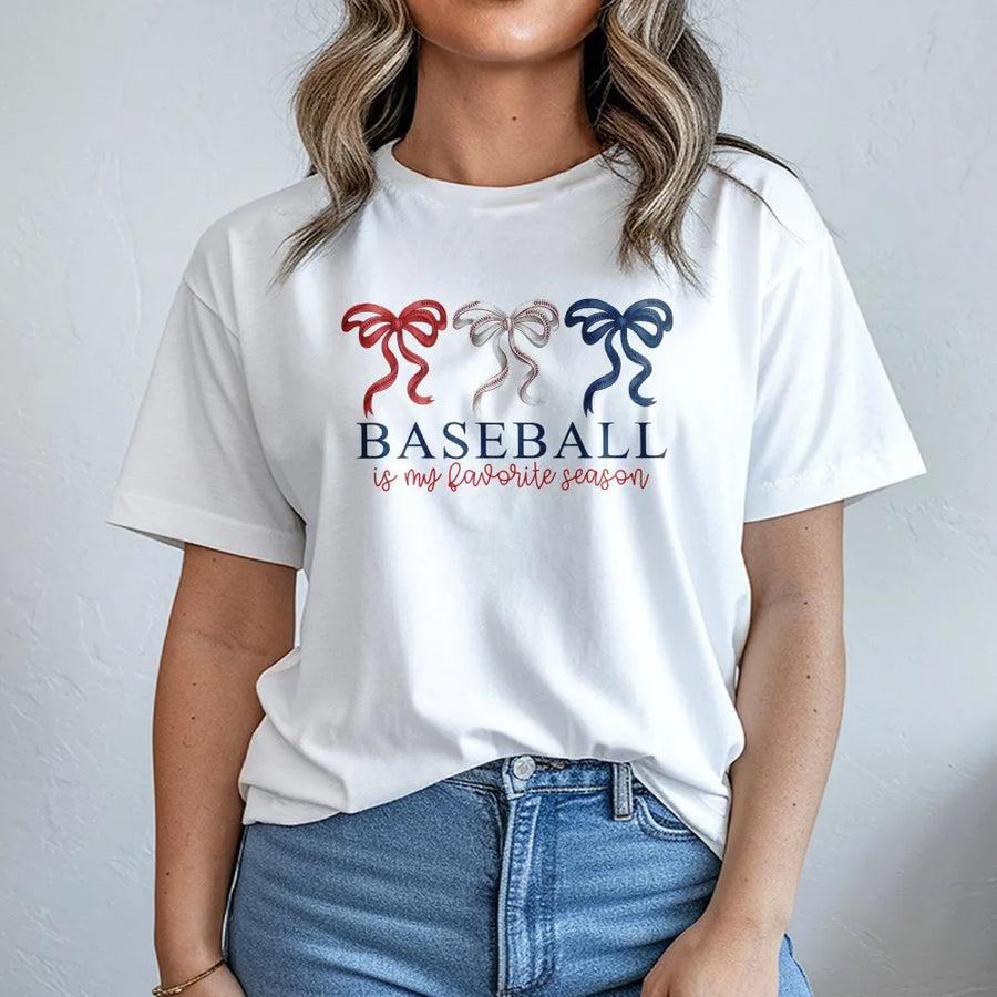 Baseball Is My Favorite Season T-Shirt | Coquette Bow Graphic Tee | Premium Cotton Casual Wear | Cute Baseball Mom Game Day Gift
