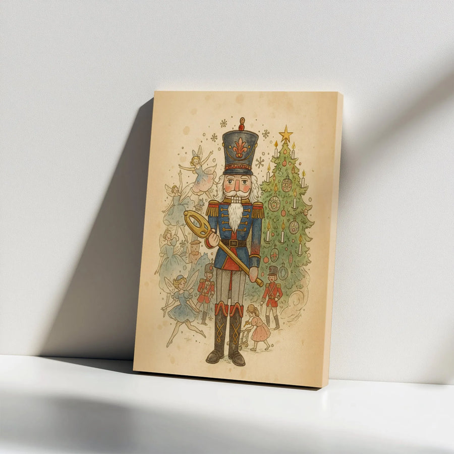 Nutcracker Ballet Wall Art | Vintage Christmas Illustration with Fairies | Premium Gallery Wrapped Canvas | Festive Holiday Home Decor Gift