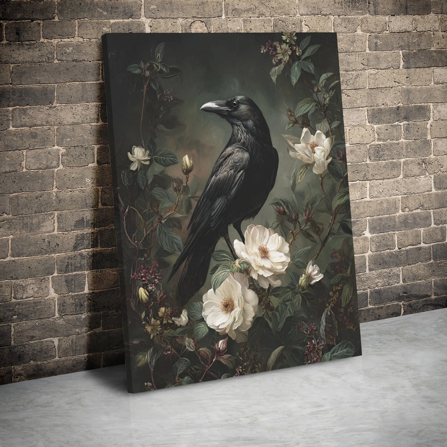 Gothic Raven Canvas Wall Art | Dark Academia Floral Aesthetic | Premium Gallery Wrap Print | Moody Victorian Home Decor Gift
