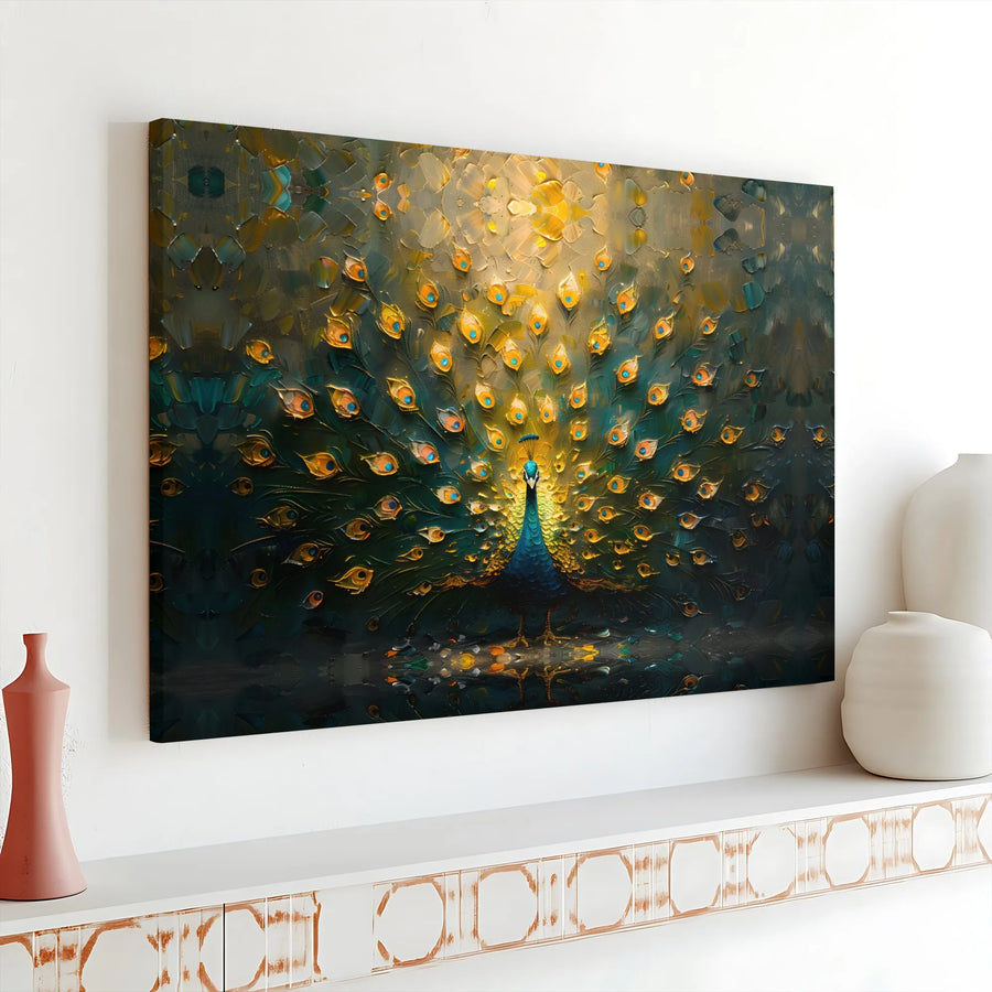 Majestic Peacock Wall Art | Golden Feathers Textured Impasto Oil Painting Print | Gallery Wrap Canvas | Premium Home Decor Gift